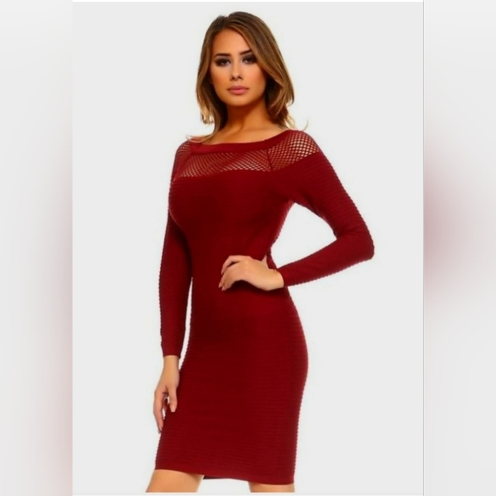 Long Sleeve Netted Neckline Bodycon Midi Elegant Burgundy Knit Dress